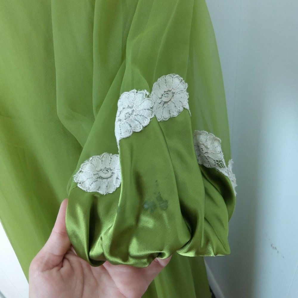 Incredible Vtg 2 Pc 100% Nylon Tricot Peignoir Nightgown & Robe Set Green Lace - Picture 8 of 12